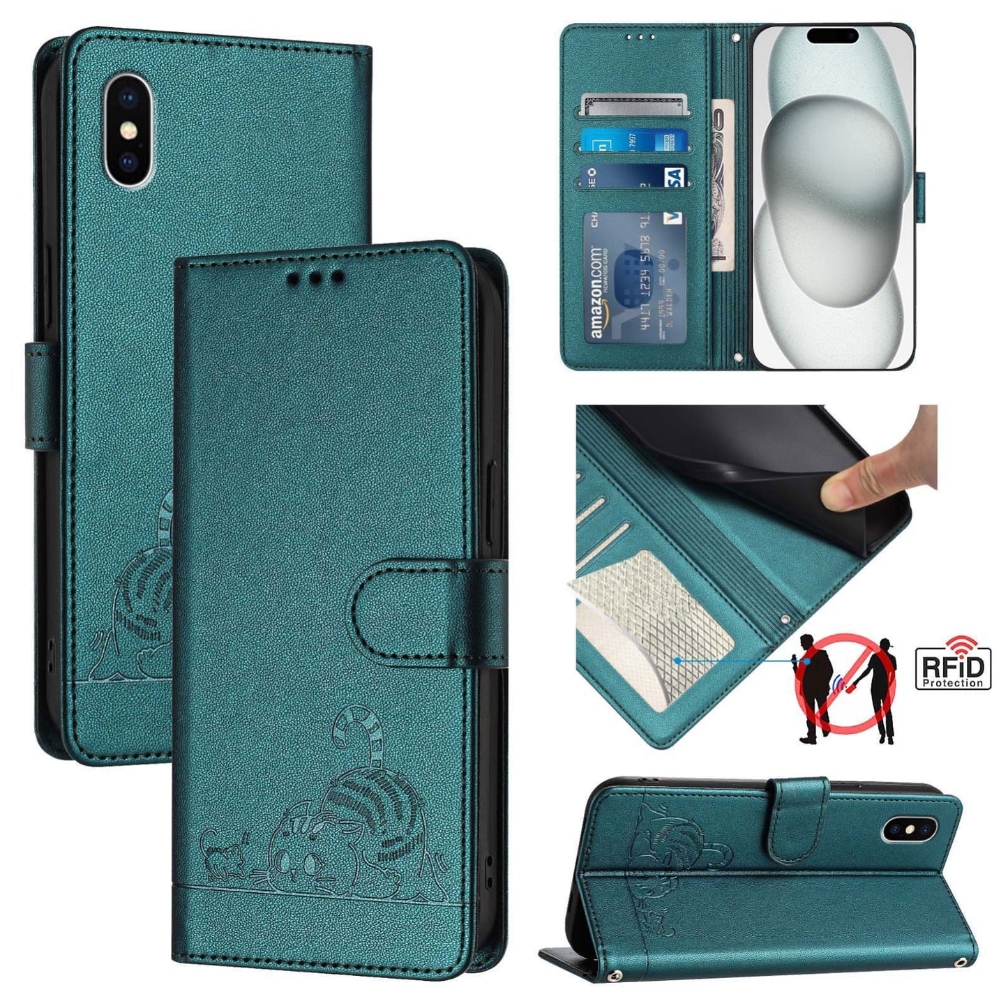 iPhone X Cat and Mouse Embossed PU Leather RFID Case with Wallet Slots, Anti-Fall Protection, Kickstand, and Lanyard-buycases.co.uk