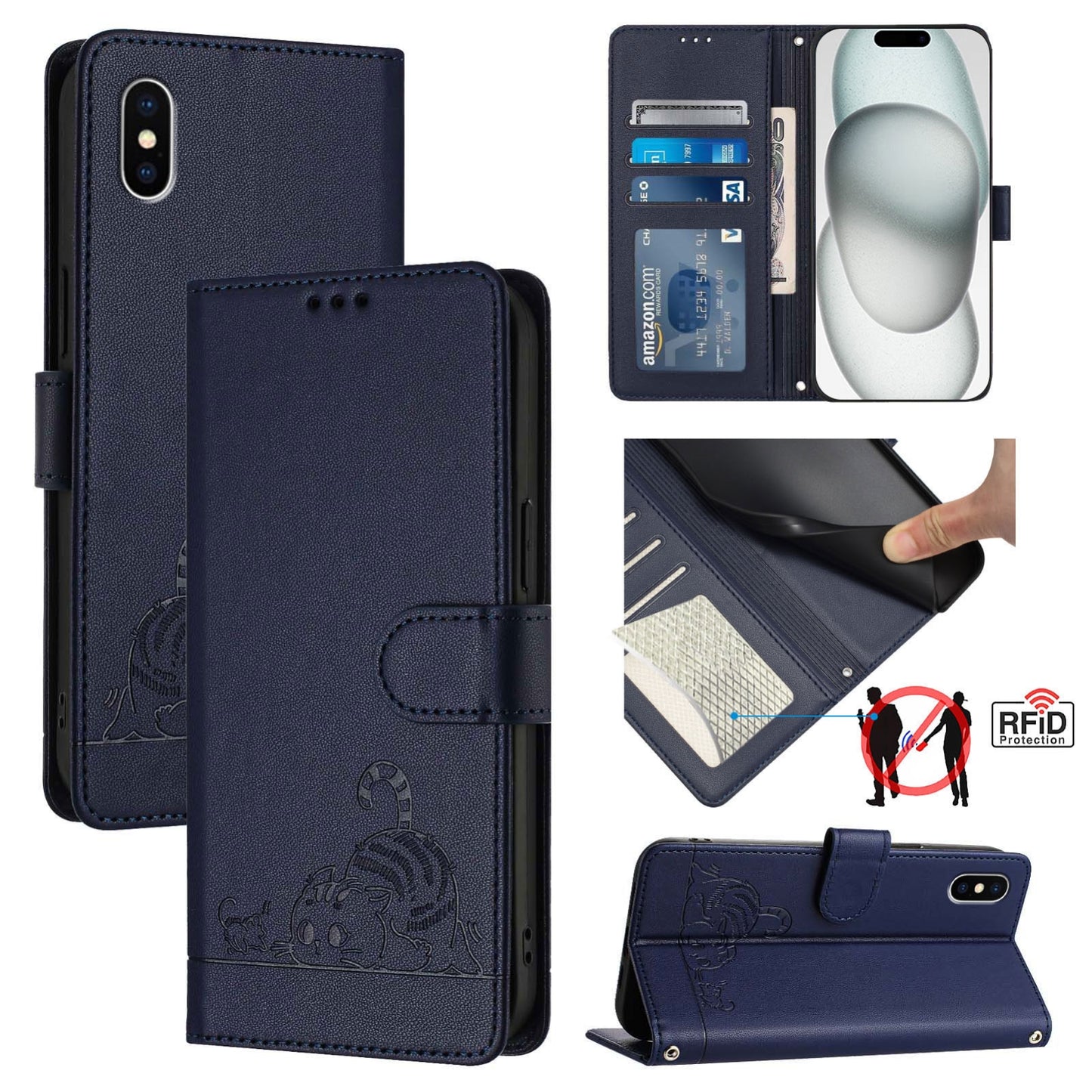 iPhone XS Cat and Mouse Embossed PU Leather RFID Case with Wallet Slots, Anti-Fall Protection, Kickstand, and Lanyard-buycases.co.uk