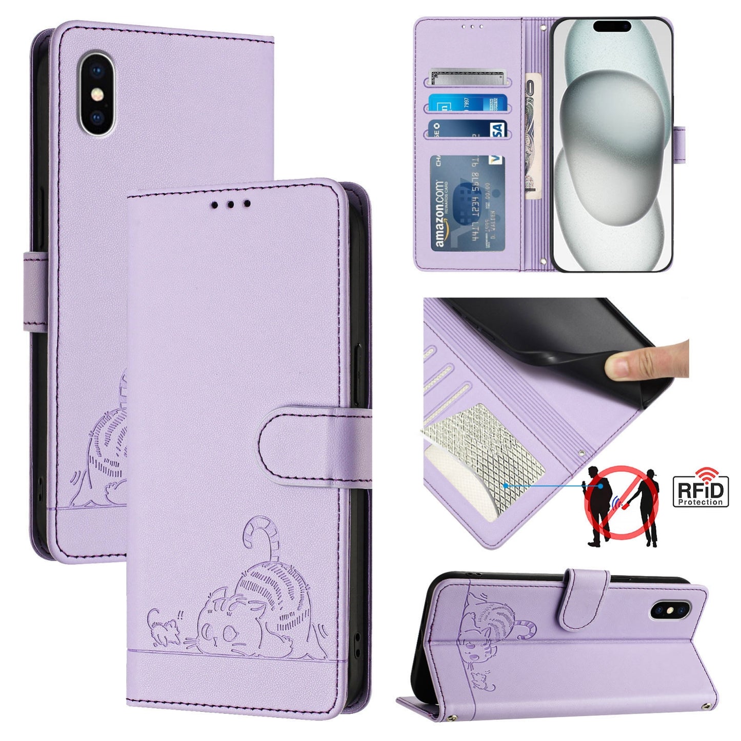 iPhone X Cat and Mouse Embossed PU Leather RFID Case with Wallet Slots, Anti-Fall Protection, Kickstand, and Lanyard-buycases.co.uk