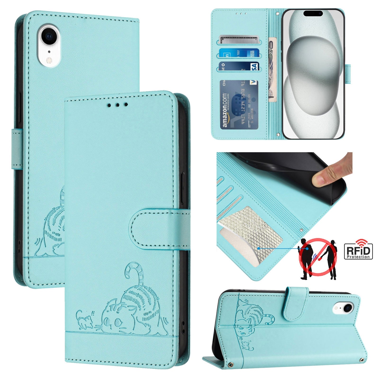 iPhone XR Cat and Mouse Embossed PU Leather RFID Case with Wallet Slots, Anti-Fall Protection, Kickstand, and Lanyard-buycases.co.uk