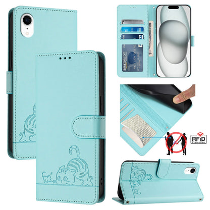 iPhone XR Cat and Mouse Embossed PU Leather RFID Case with Wallet Slots, Anti-Fall Protection, Kickstand, and Lanyard-buycases.co.uk