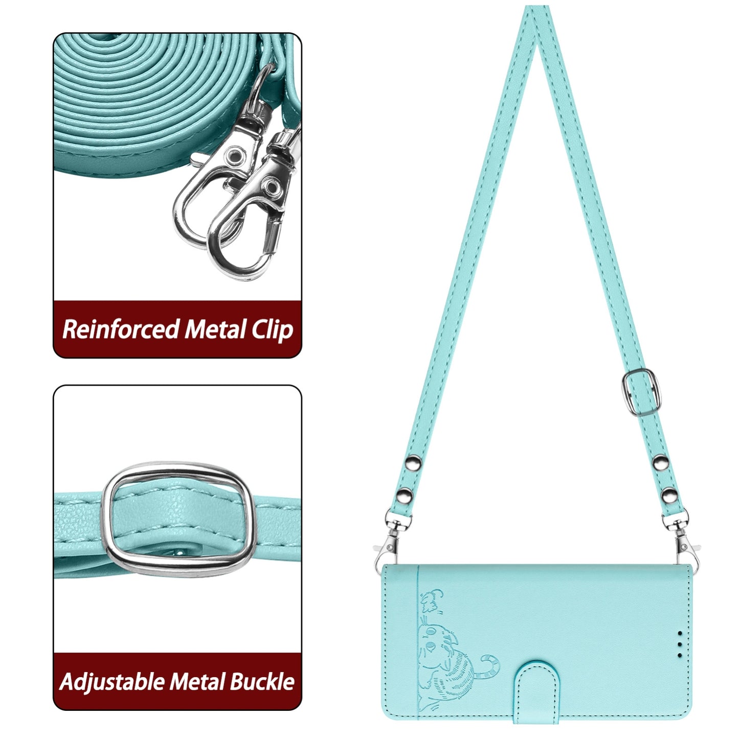 iPhone XR Cat and Mouse Embossed PU Leather RFID Case with Wallet Slots, Anti-Fall Protection, Kickstand, and Lanyard-buycases.co.uk