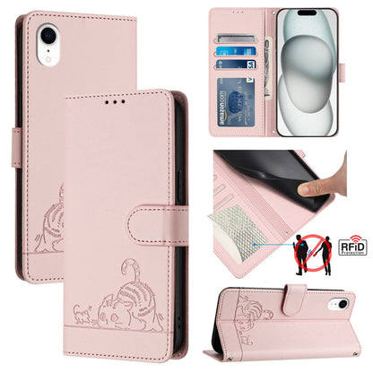 iPhone XR Cat and Mouse Embossed PU Leather RFID Case with Wallet Slots, Anti-Fall Protection, Kickstand, and Lanyard-buycases.co.uk