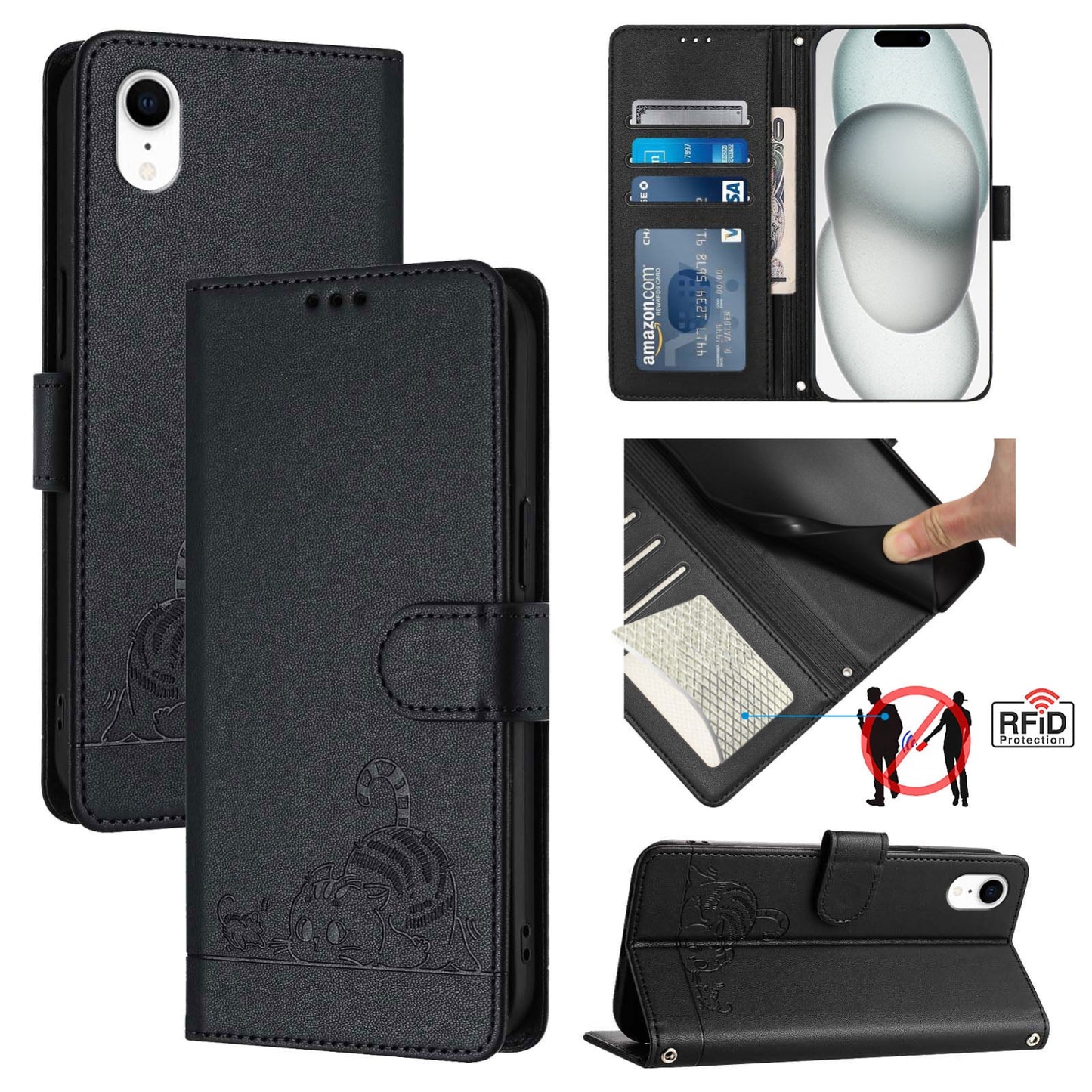 iPhone XR Cat and Mouse Embossed PU Leather RFID Case with Wallet Slots, Anti-Fall Protection, Kickstand, and Lanyard-buycases.co.uk