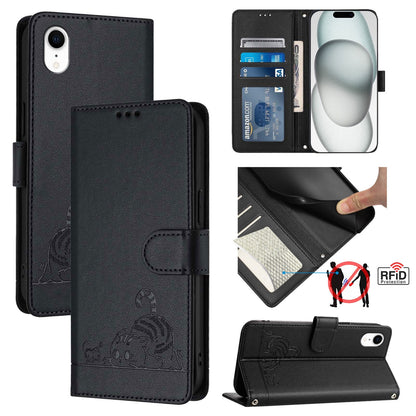 iPhone XR Cat and Mouse Embossed PU Leather RFID Case with Wallet Slots, Anti-Fall Protection, Kickstand, and Lanyard-buycases.co.uk