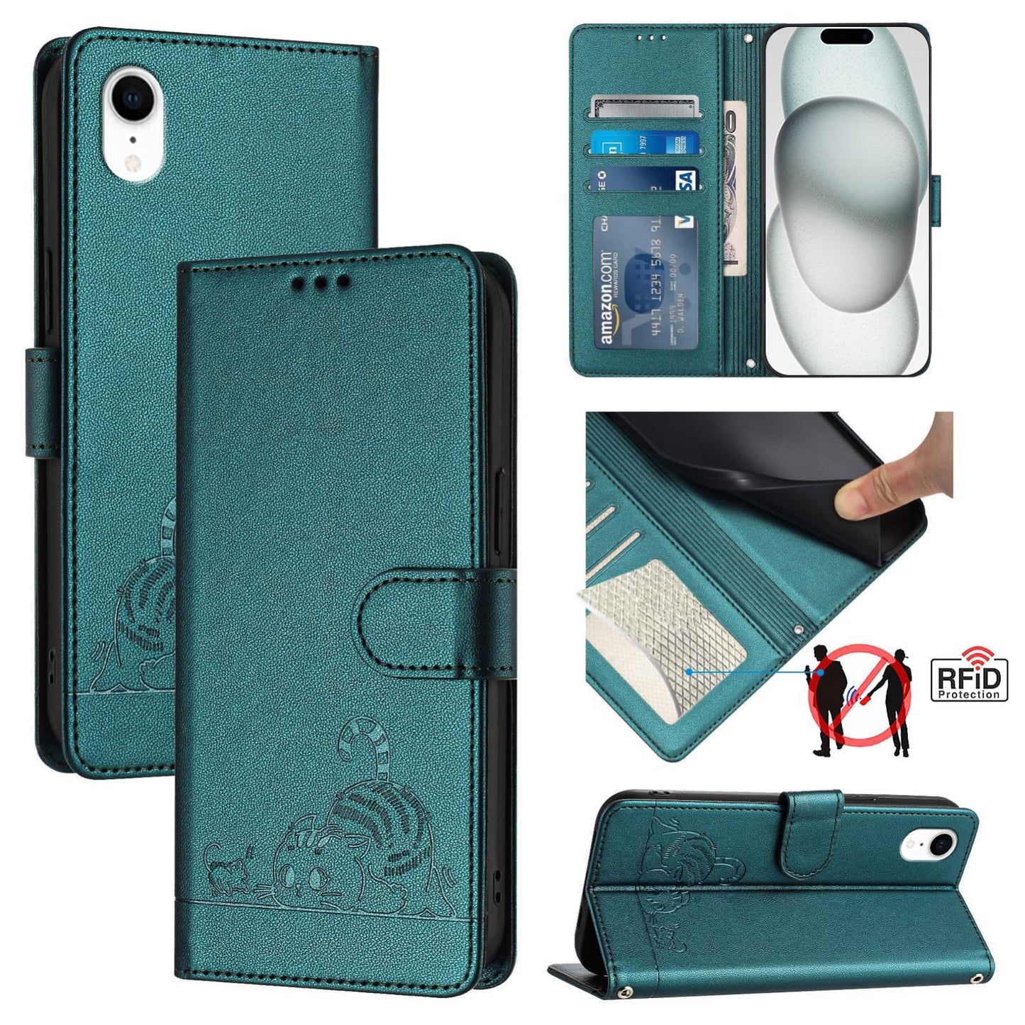 iPhone XR Cat and Mouse Embossed PU Leather RFID Case with Wallet Slots, Anti-Fall Protection, Kickstand, and Lanyard-buycases.co.uk