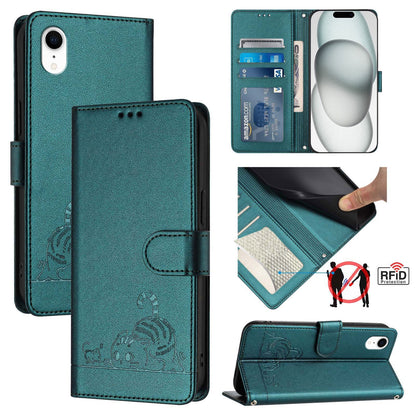 iPhone XR Cat and Mouse Embossed PU Leather RFID Case with Wallet Slots, Anti-Fall Protection, Kickstand, and Lanyard-buycases.co.uk