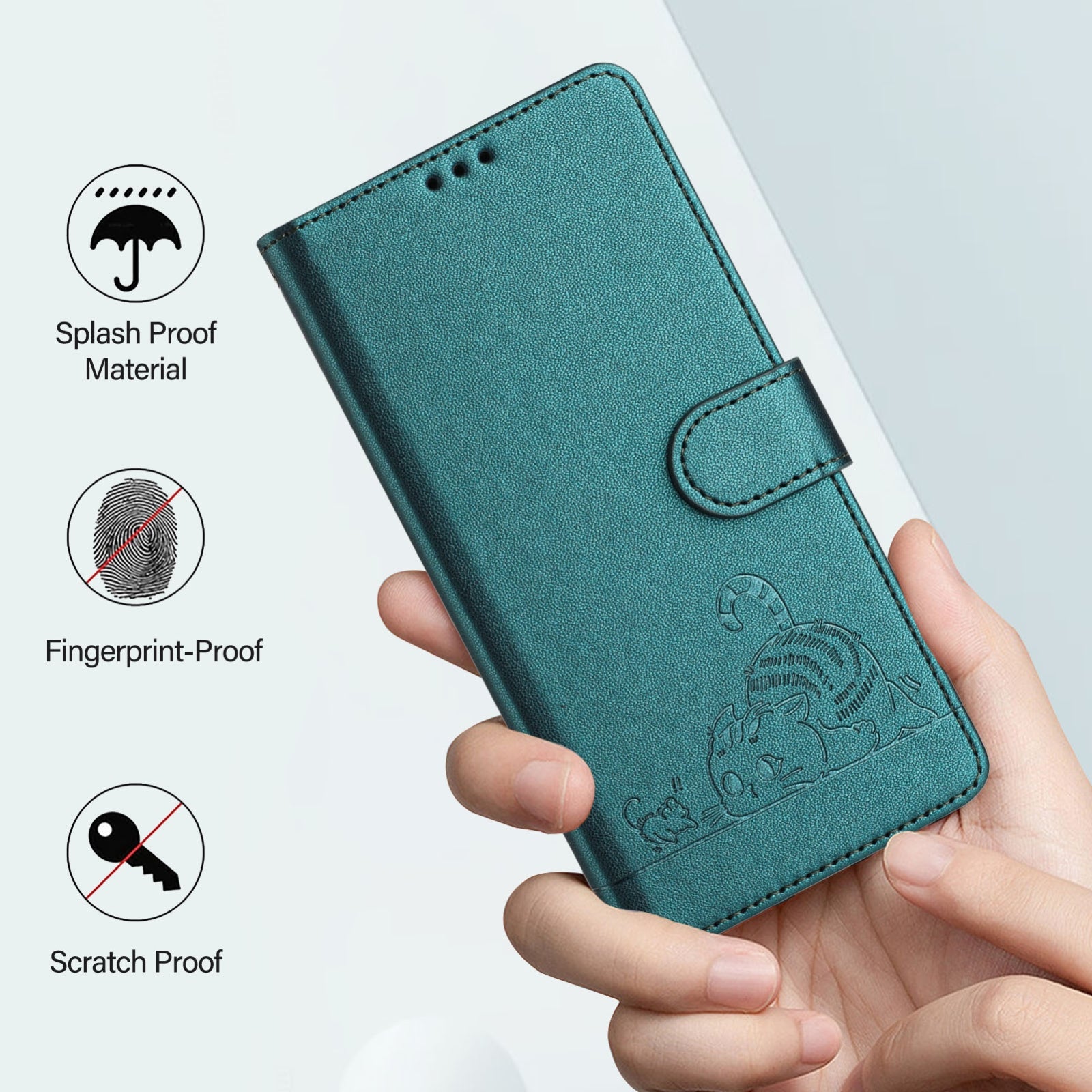 iPhone XR Cat and Mouse Embossed PU Leather RFID Case with Wallet Slots, Anti-Fall Protection, Kickstand, and Lanyard-buycases.co.uk