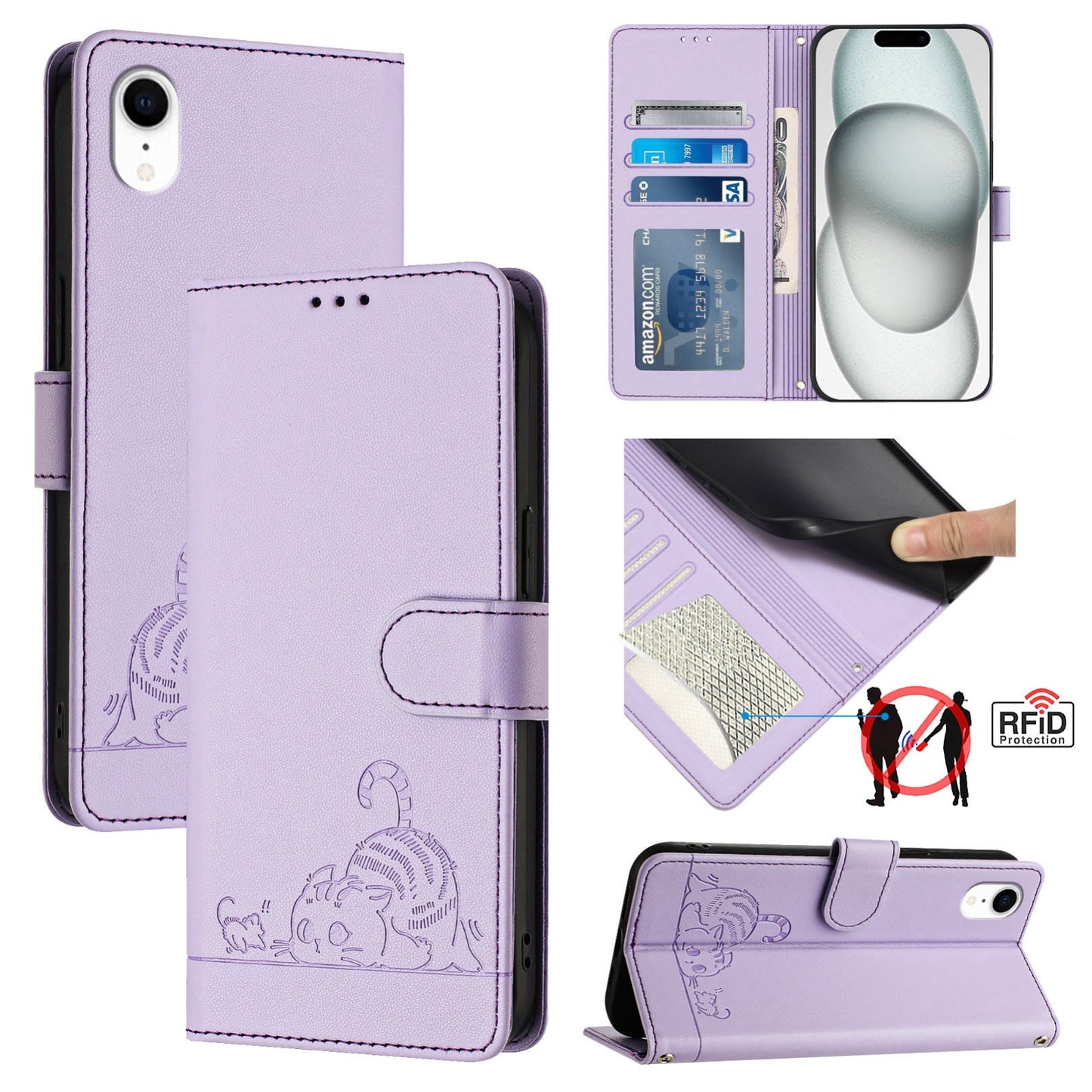 iPhone XR Cat and Mouse Embossed PU Leather RFID Case with Wallet Slots, Anti-Fall Protection, Kickstand, and Lanyard-buycases.co.uk