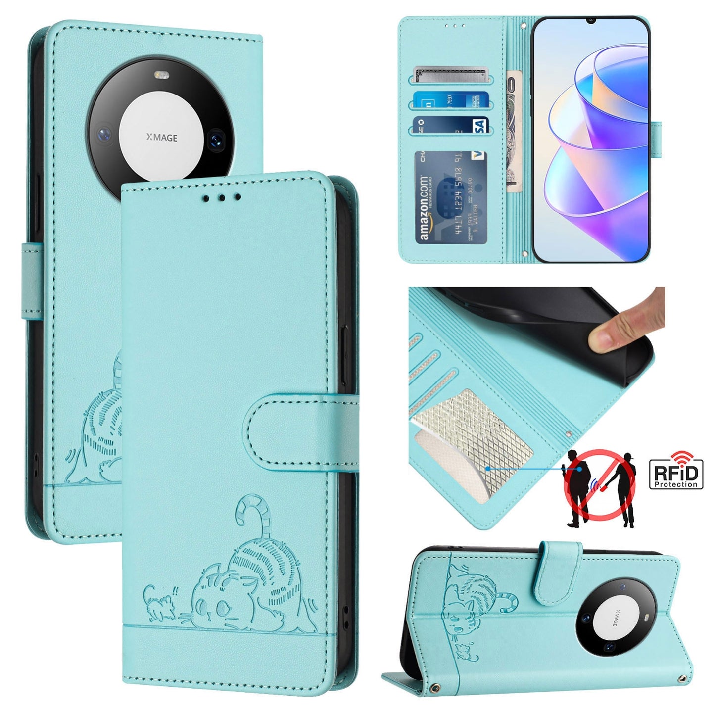 Huawei Mate 60 Cat and Mouse Embossed PU Leather RFID Case with Wallet Slots, Anti-Fall Protection, Kickstand, and Lanyard-buycases.co.uk