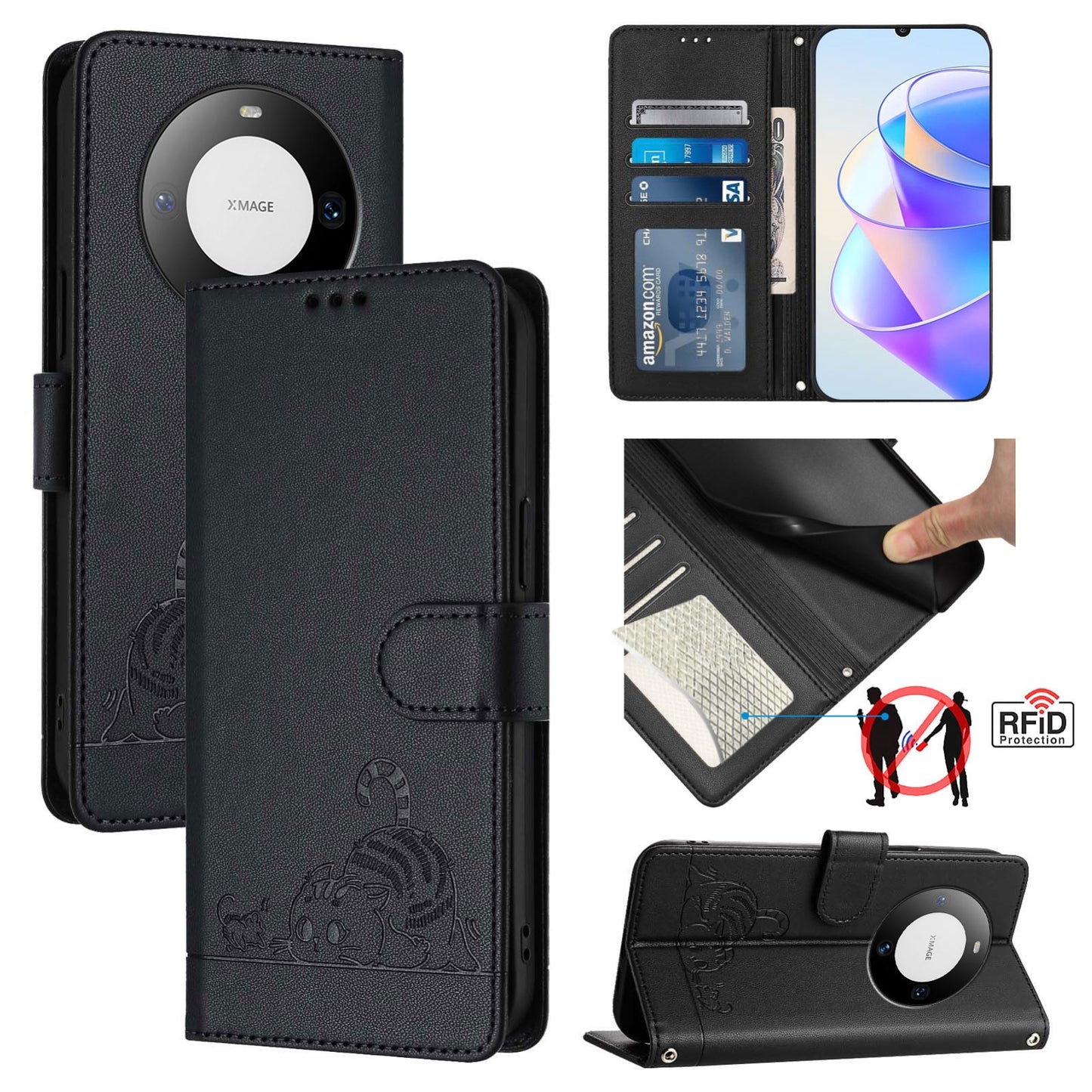 Huawei Mate 60 Cat and Mouse Embossed PU Leather RFID Case with Wallet Slots, Anti-Fall Protection, Kickstand, and Lanyard-buycases.co.uk
