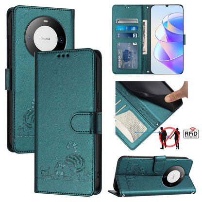 Huawei Mate 60 Cat and Mouse Embossed PU Leather RFID Case with Wallet Slots, Anti-Fall Protection, Kickstand, and Lanyard-buycases.co.uk
