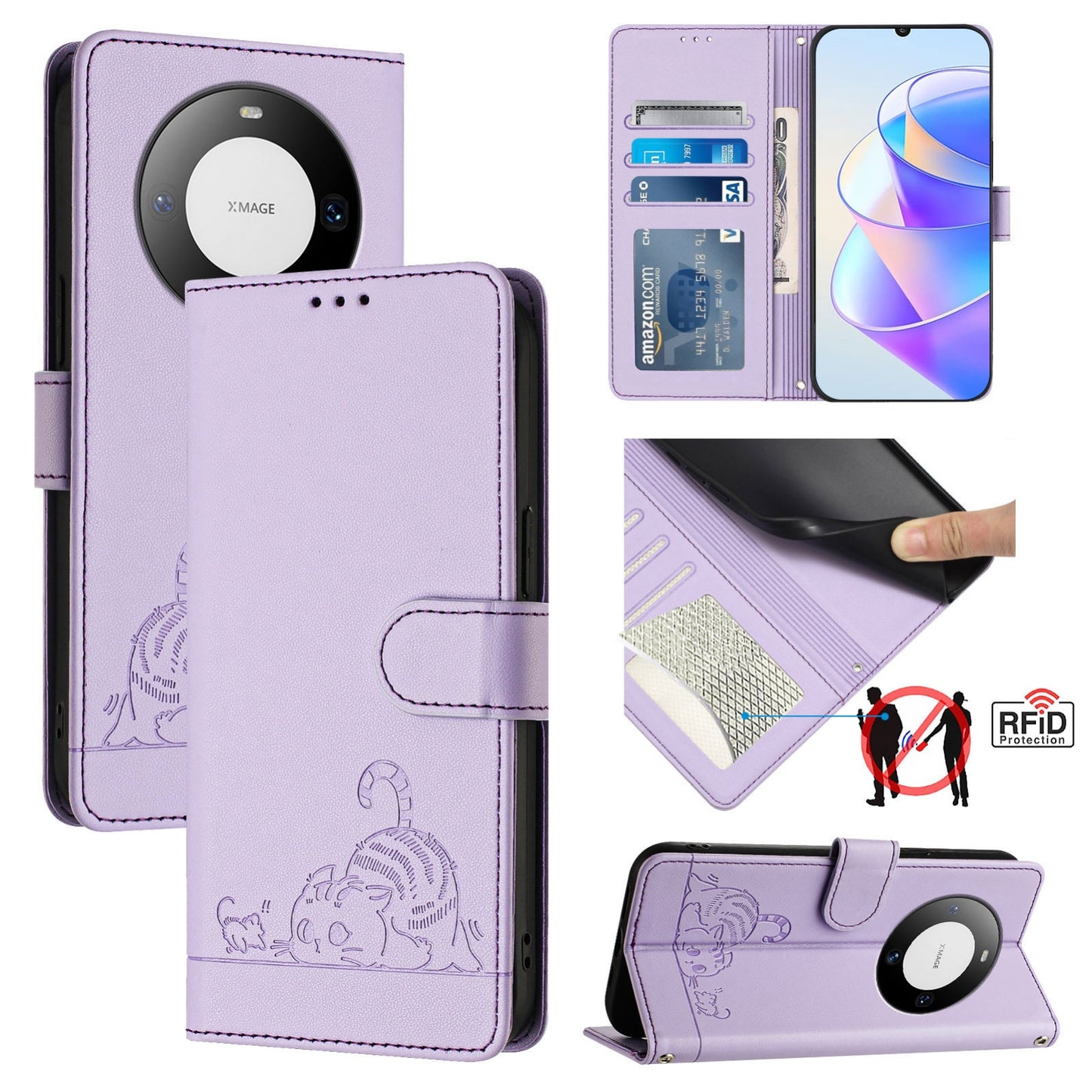Huawei Mate 60 Cat and Mouse Embossed PU Leather RFID Case with Wallet Slots, Anti-Fall Protection, Kickstand, and Lanyard-buycases.co.uk