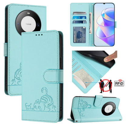 Huawei Mate 60 Pro Cat and Mouse Embossed PU Leather RFID Case with Wallet Slots, Anti-Fall Protection, Kickstand, and Lanyard-buycases.co.uk