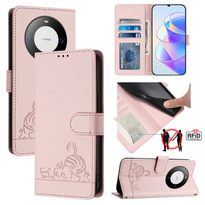 Huawei Mate 60 Pro Cat and Mouse Embossed PU Leather RFID Case with Wallet Slots, Anti-Fall Protection, Kickstand, and Lanyard-buycases.co.uk