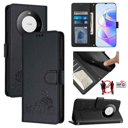 Huawei Mate 60 Pro Cat and Mouse Embossed PU Leather RFID Case with Wallet Slots, Anti-Fall Protection, Kickstand, and Lanyard-buycases.co.uk