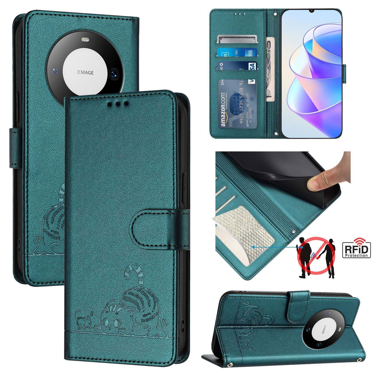 Huawei Mate 60 Pro Cat and Mouse Embossed PU Leather RFID Case with Wallet Slots, Anti-Fall Protection, Kickstand, and Lanyard-buycases.co.uk