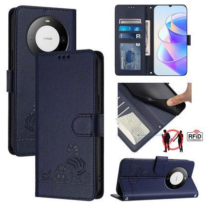 Huawei Mate 60 Pro+ Cat and Mouse Embossed PU Leather RFID Case with Wallet Slots, Anti-Fall Protection, Kickstand, and Lanyard-buycases.co.uk