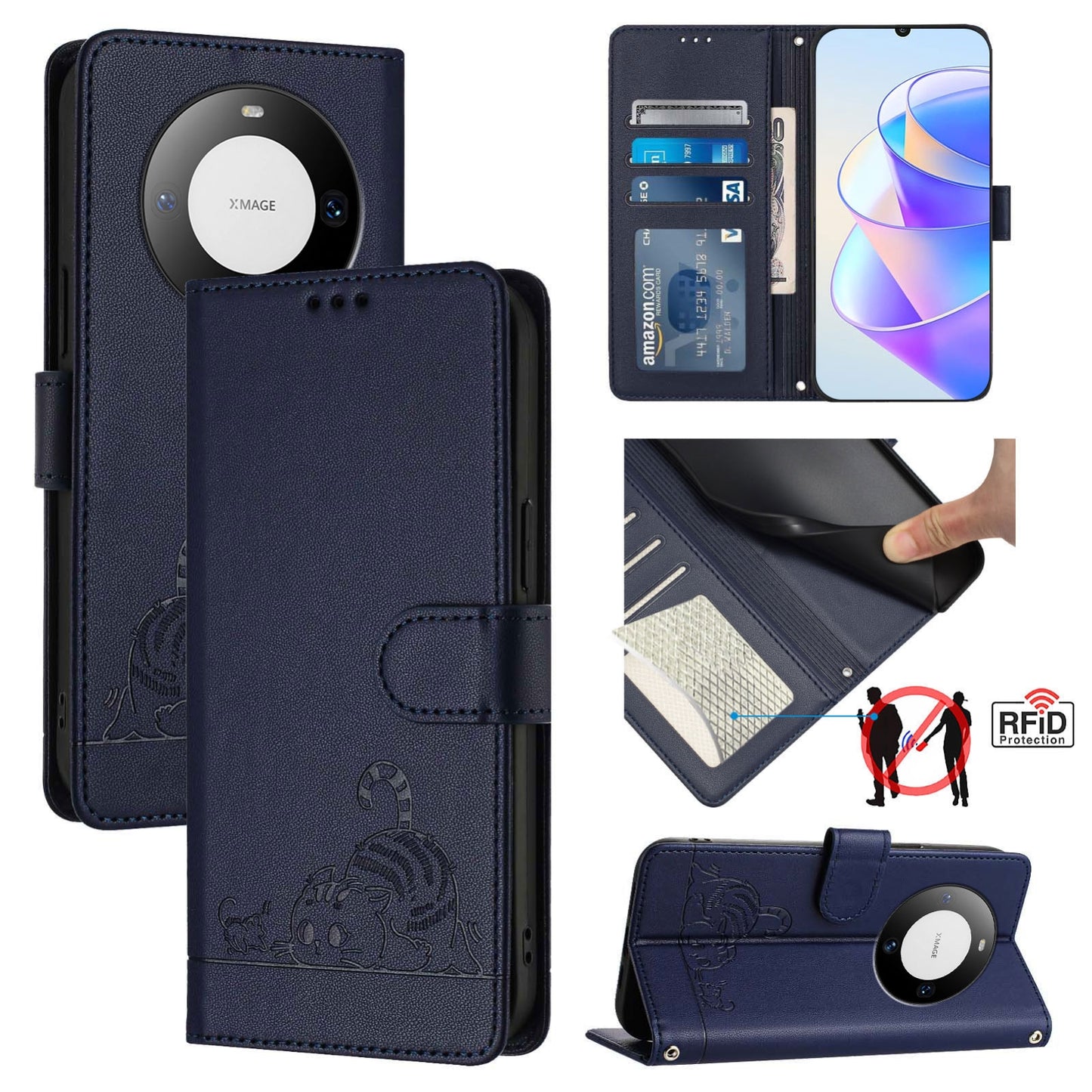 Huawei Mate 60 Pro Cat and Mouse Embossed PU Leather RFID Case with Wallet Slots, Anti-Fall Protection, Kickstand, and Lanyard-buycases.co.uk