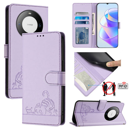 Huawei Mate 60 Pro+ Cat and Mouse Embossed PU Leather RFID Case with Wallet Slots, Anti-Fall Protection, Kickstand, and Lanyard-buycases.co.uk