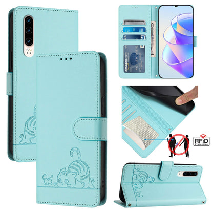 Huawei P30 Cat and Mouse Embossed PU Leather RFID Case with Wallet Slots, Anti-Fall Protection, Kickstand, and Lanyard-buycases.co.uk