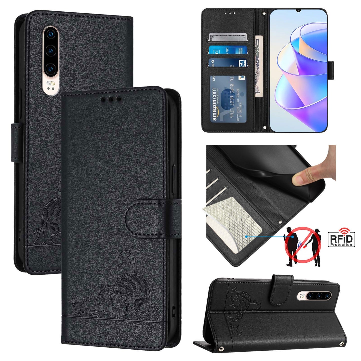 Huawei P30 Cat and Mouse Embossed PU Leather RFID Case with Wallet Slots, Anti-Fall Protection, Kickstand, and Lanyard-buycases.co.uk