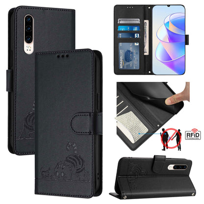Huawei P30 Cat and Mouse Embossed PU Leather RFID Case with Wallet Slots, Anti-Fall Protection, Kickstand, and Lanyard-buycases.co.uk