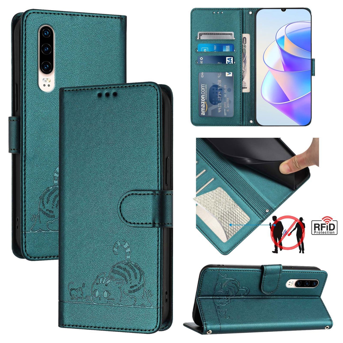 Huawei P30 Cat and Mouse Embossed PU Leather RFID Case with Wallet Slots, Anti-Fall Protection, Kickstand, and Lanyard-buycases.co.uk