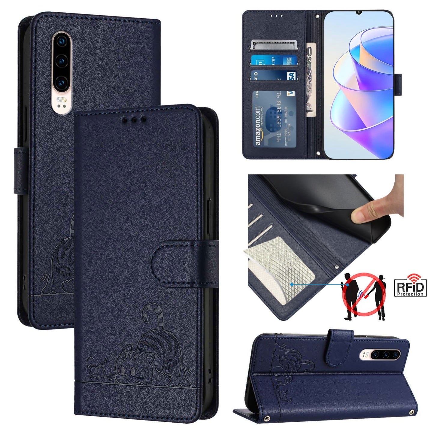 Huawei P30 Cat and Mouse Embossed PU Leather RFID Case with Wallet Slots, Anti-Fall Protection, Kickstand, and Lanyard-buycases.co.uk
