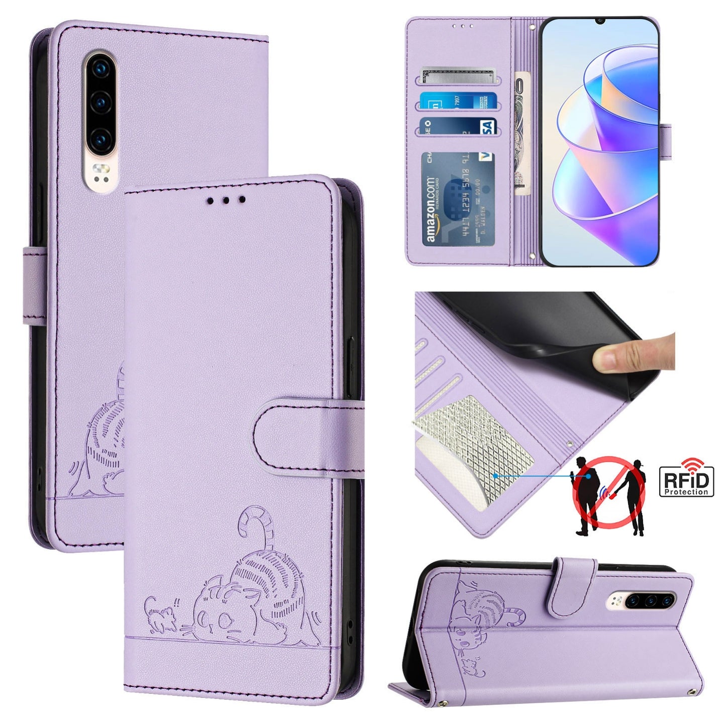 Huawei P30 Cat and Mouse Embossed PU Leather RFID Case with Wallet Slots, Anti-Fall Protection, Kickstand, and Lanyard-buycases.co.uk