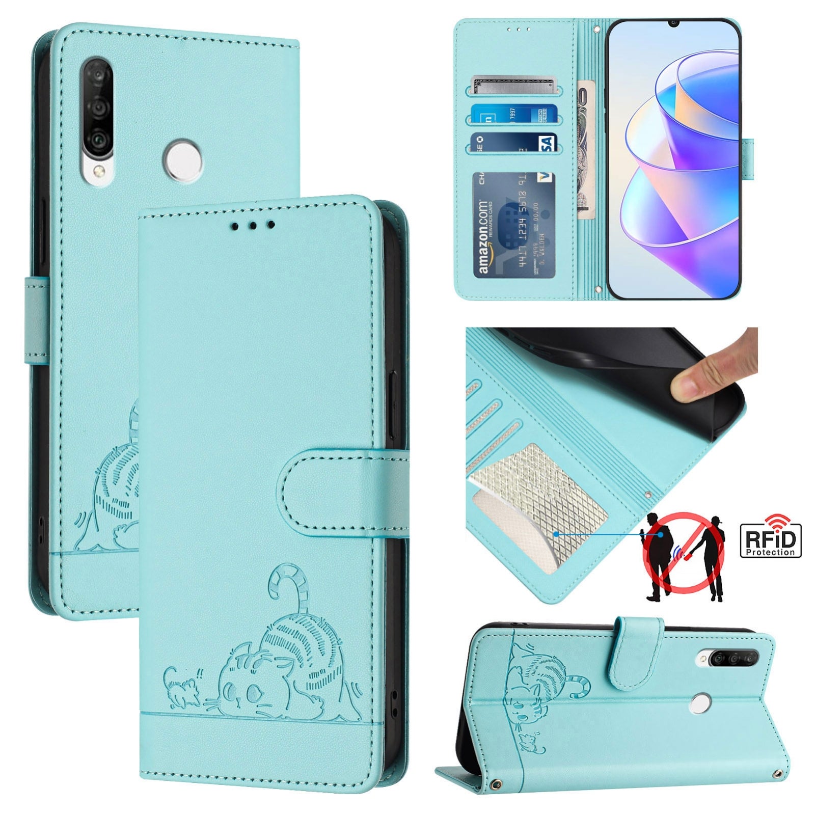 Huawei P30 Lite Cat and Mouse Embossed PU Leather RFID Case with Wallet Slots, Anti-Fall Protection, Kickstand, and Lanyard-buycases.co.uk