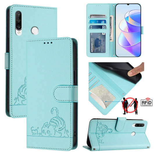 Huawei Nova 4e Cat and Mouse Embossed PU Leather RFID Case with Wallet Slots, Anti-Fall Protection, Kickstand, and Lanyard-buycases.co.uk