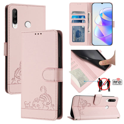 Huawei P30 Lite Cat and Mouse Embossed PU Leather RFID Case with Wallet Slots, Anti-Fall Protection, Kickstand, and Lanyard-buycases.co.uk