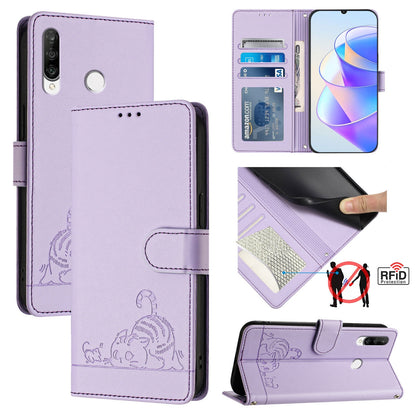 Huawei Nova 4e Cat and Mouse Embossed PU Leather RFID Case with Wallet Slots, Anti-Fall Protection, Kickstand, and Lanyard-buycases.co.uk