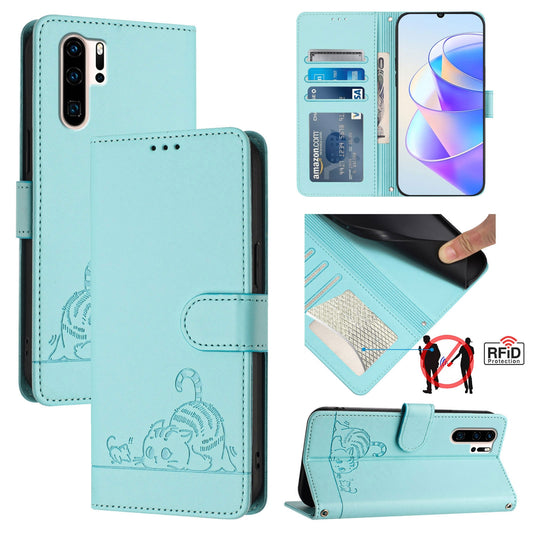 Huawei P30 Pro Cat and Mouse Embossed PU Leather RFID Case with Wallet Slots, Anti-Fall Protection, Kickstand, and Lanyard-buycases.co.uk