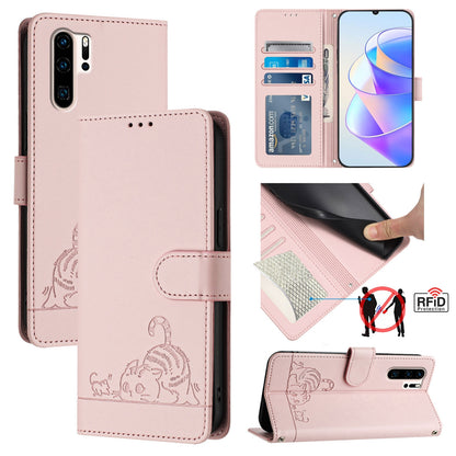 Huawei P30 Pro Cat and Mouse Embossed PU Leather RFID Case with Wallet Slots, Anti-Fall Protection, Kickstand, and Lanyard-buycases.co.uk