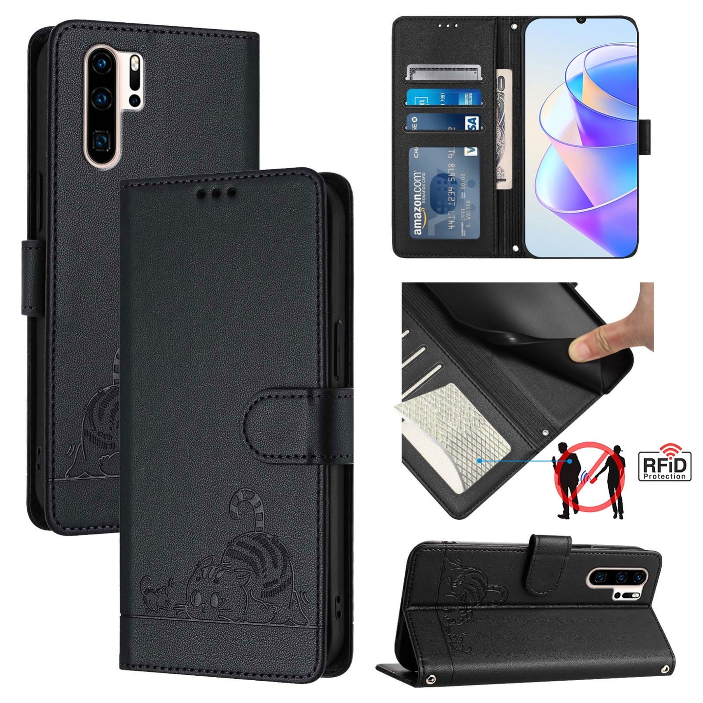 Huawei P30 Pro Cat and Mouse Embossed PU Leather RFID Case with Wallet Slots, Anti-Fall Protection, Kickstand, and Lanyard-buycases.co.uk