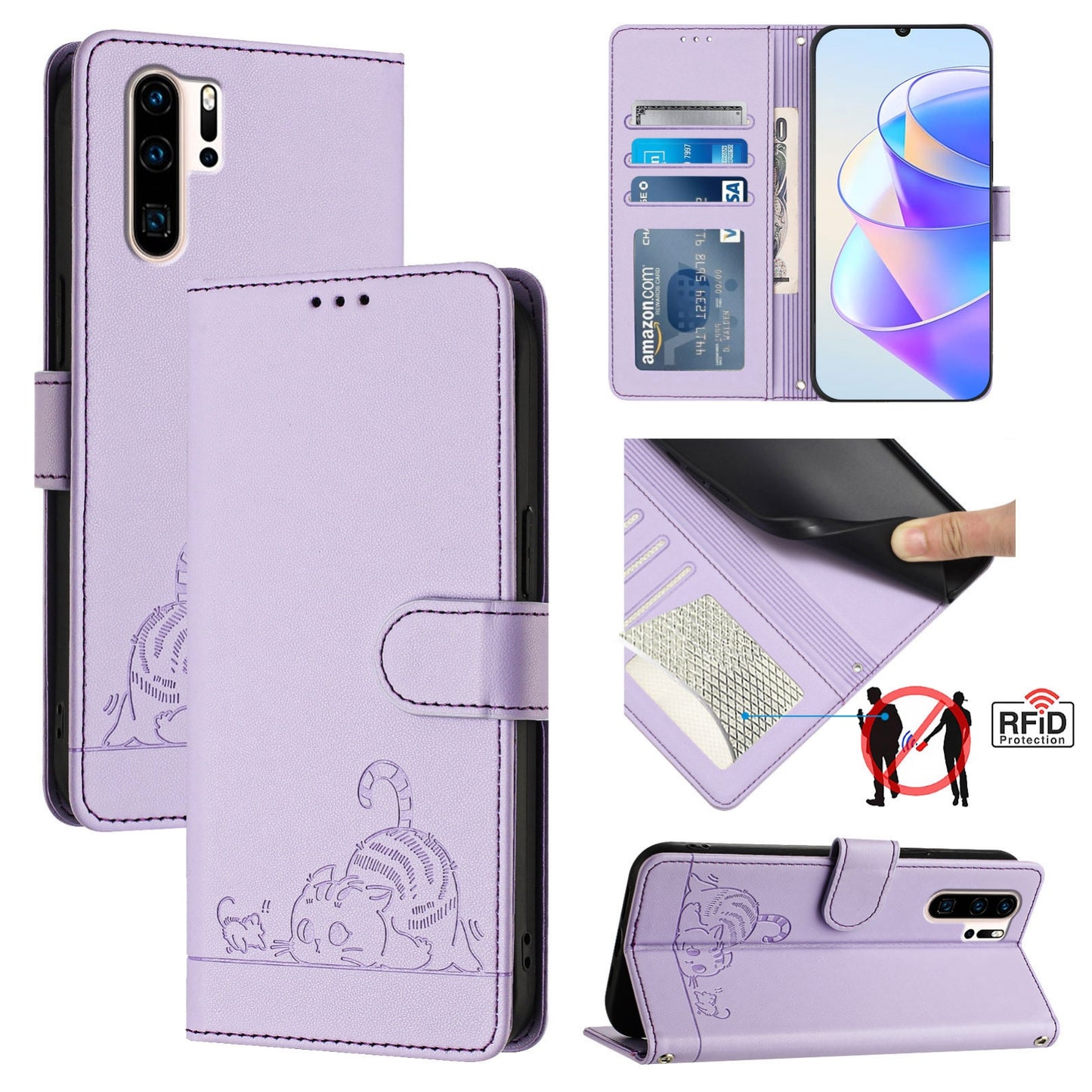 Huawei P30 Pro Cat and Mouse Embossed PU Leather RFID Case with Wallet Slots, Anti-Fall Protection, Kickstand, and Lanyard-buycases.co.uk