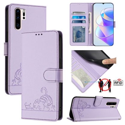 Huawei P30 Pro Cat and Mouse Embossed PU Leather RFID Case with Wallet Slots, Anti-Fall Protection, Kickstand, and Lanyard-buycases.co.uk
