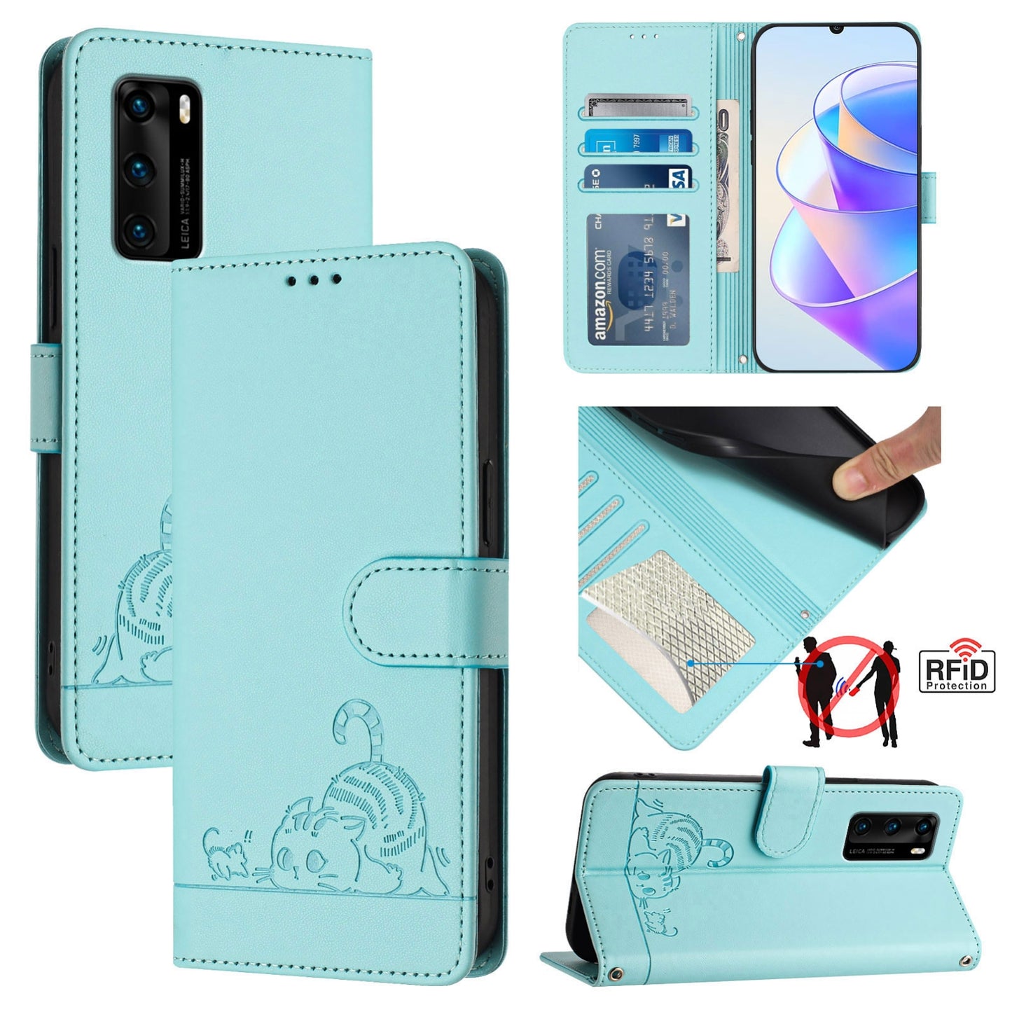 Huawei P40 Cat and Mouse Embossed PU Leather RFID Case with Wallet Slots, Anti-Fall Protection, Kickstand, and Lanyard-buycases.co.uk