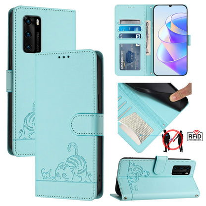 Huawei P40 Cat and Mouse Embossed PU Leather RFID Case with Wallet Slots, Anti-Fall Protection, Kickstand, and Lanyard-buycases.co.uk