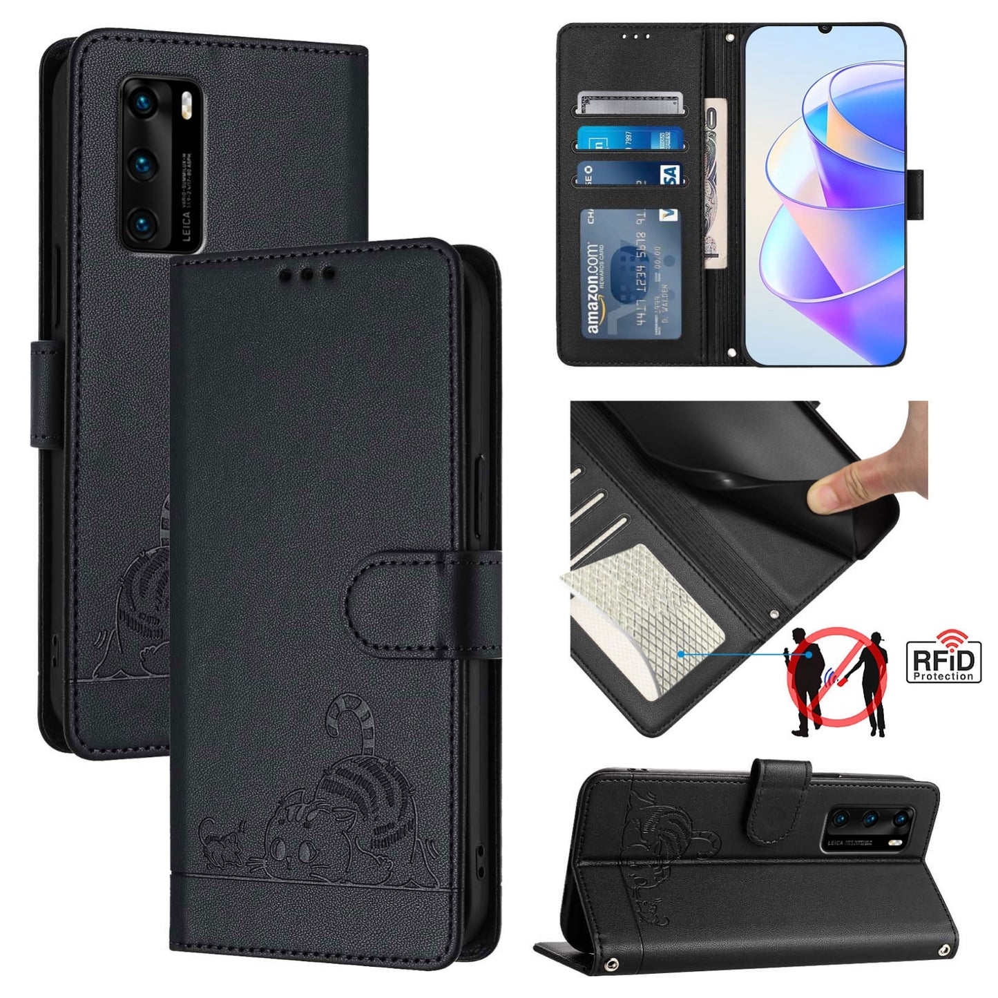 Huawei P40 Cat and Mouse Embossed PU Leather RFID Case with Wallet Slots, Anti-Fall Protection, Kickstand, and Lanyard-buycases.co.uk