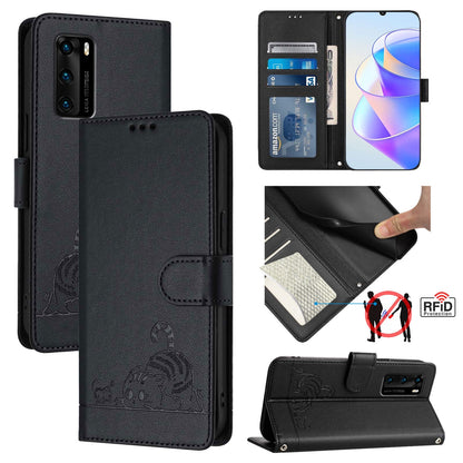 Huawei P40 Cat and Mouse Embossed PU Leather RFID Case with Wallet Slots, Anti-Fall Protection, Kickstand, and Lanyard-buycases.co.uk
