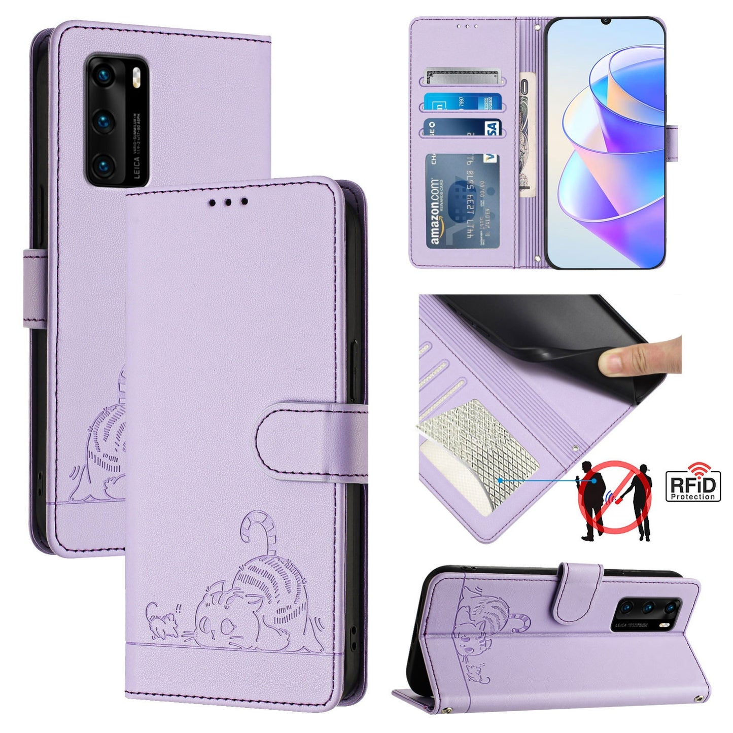 Huawei P40 Cat and Mouse Embossed PU Leather RFID Case with Wallet Slots, Anti-Fall Protection, Kickstand, and Lanyard-buycases.co.uk