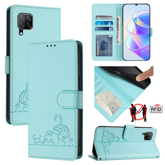 Huawei nova 6 SE Cat and Mouse Embossed PU Leather RFID Case with Wallet Slots, Anti-Fall Protection, Kickstand, and Lanyard-buycases.co.uk