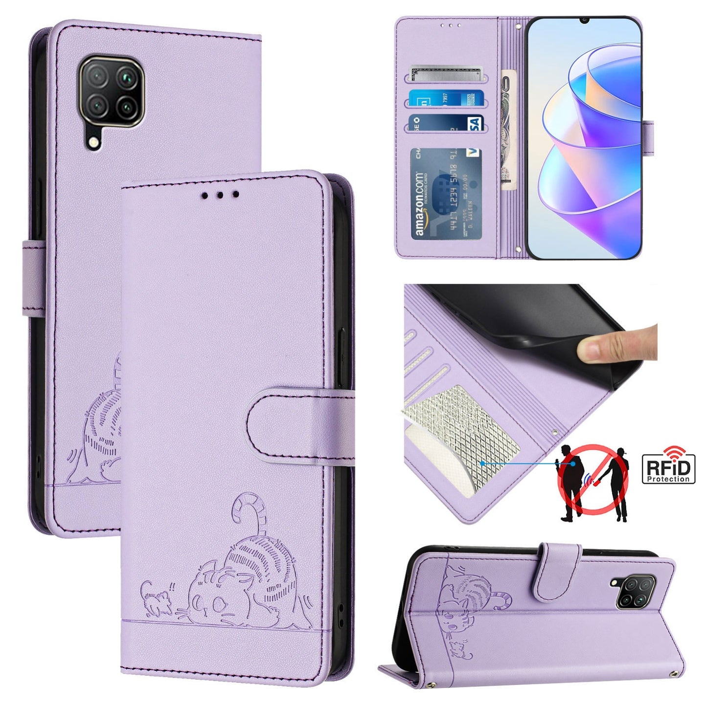 Huawei nova 6 SE Cat and Mouse Embossed PU Leather RFID Case with Wallet Slots, Anti-Fall Protection, Kickstand, and Lanyard-buycases.co.uk