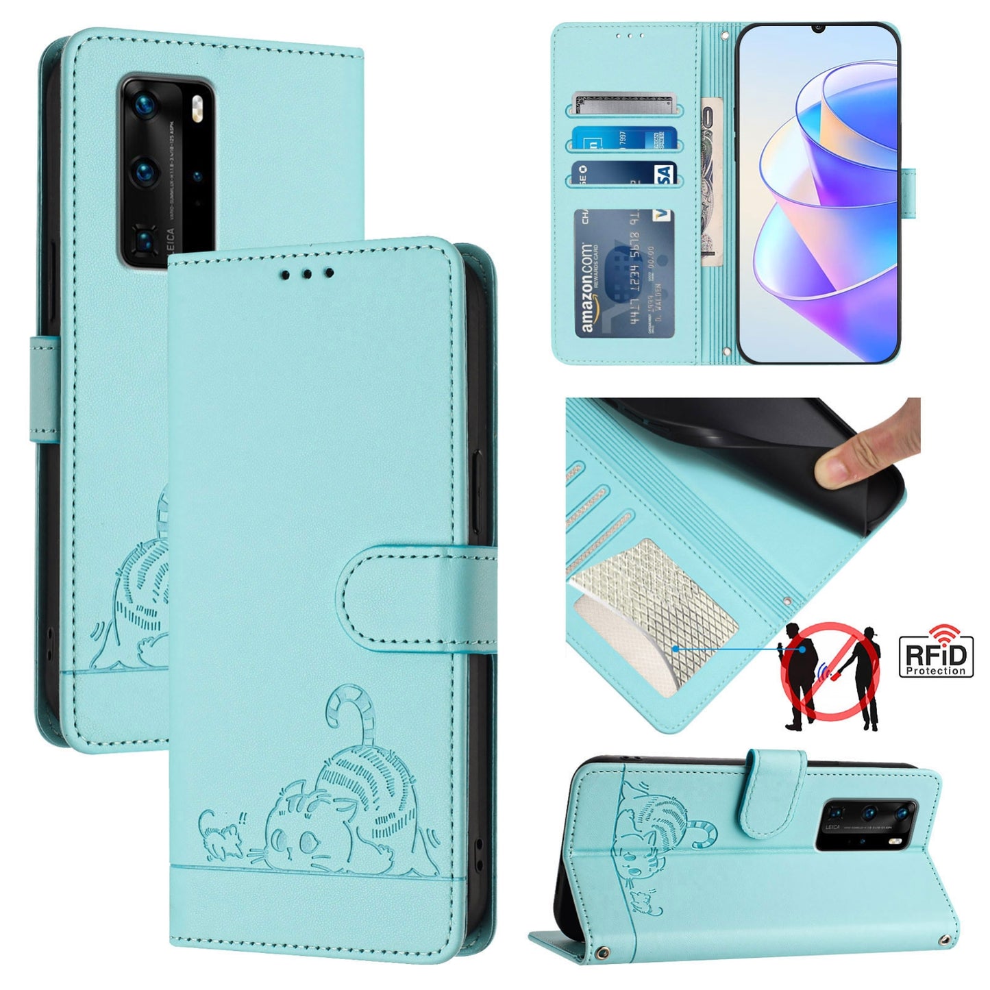 Huawei P40 Pro Cat and Mouse Embossed PU Leather RFID Case with Wallet Slots, Anti-Fall Protection, Kickstand, and Lanyard-buycases.co.uk