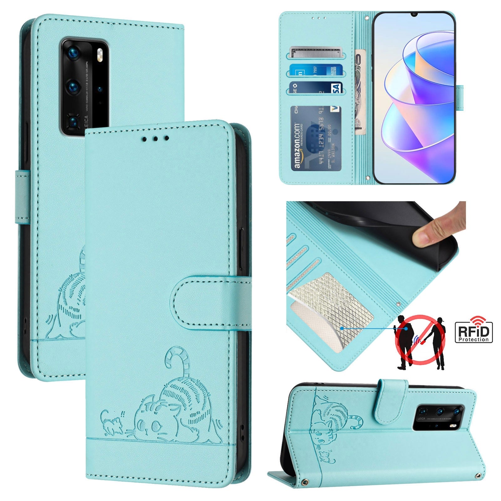 Huawei P40 Pro Cat and Mouse Embossed PU Leather RFID Case with Wallet Slots, Anti-Fall Protection, Kickstand, and Lanyard-buycases.co.uk