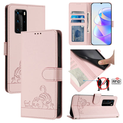 Huawei P40 Pro Cat and Mouse Embossed PU Leather RFID Case with Wallet Slots, Anti-Fall Protection, Kickstand, and Lanyard-buycases.co.uk