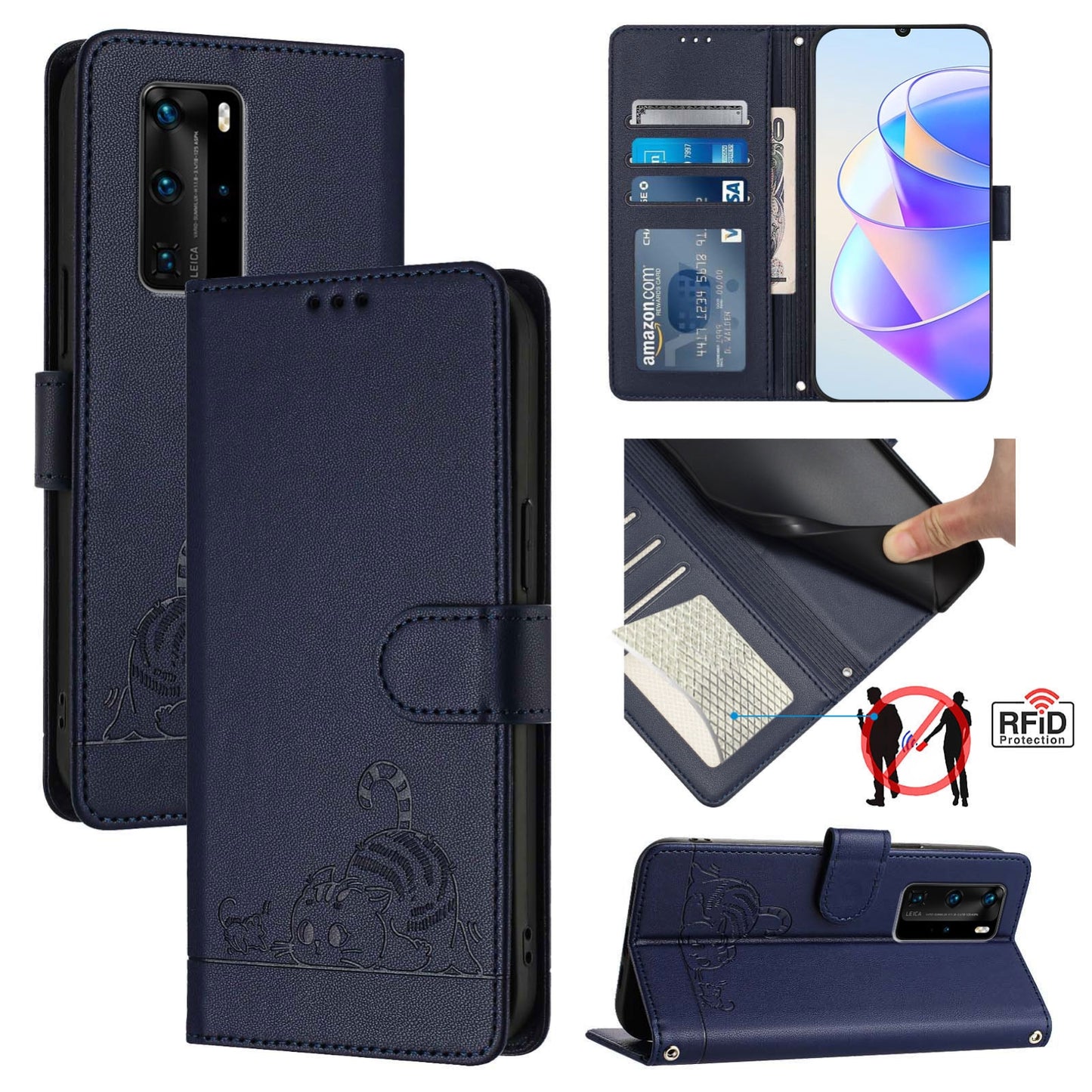 Huawei P40 Pro Cat and Mouse Embossed PU Leather RFID Case with Wallet Slots, Anti-Fall Protection, Kickstand, and Lanyard-buycases.co.uk